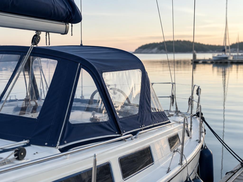 Segelbåt i gästhamn med nytt marinblått kapell