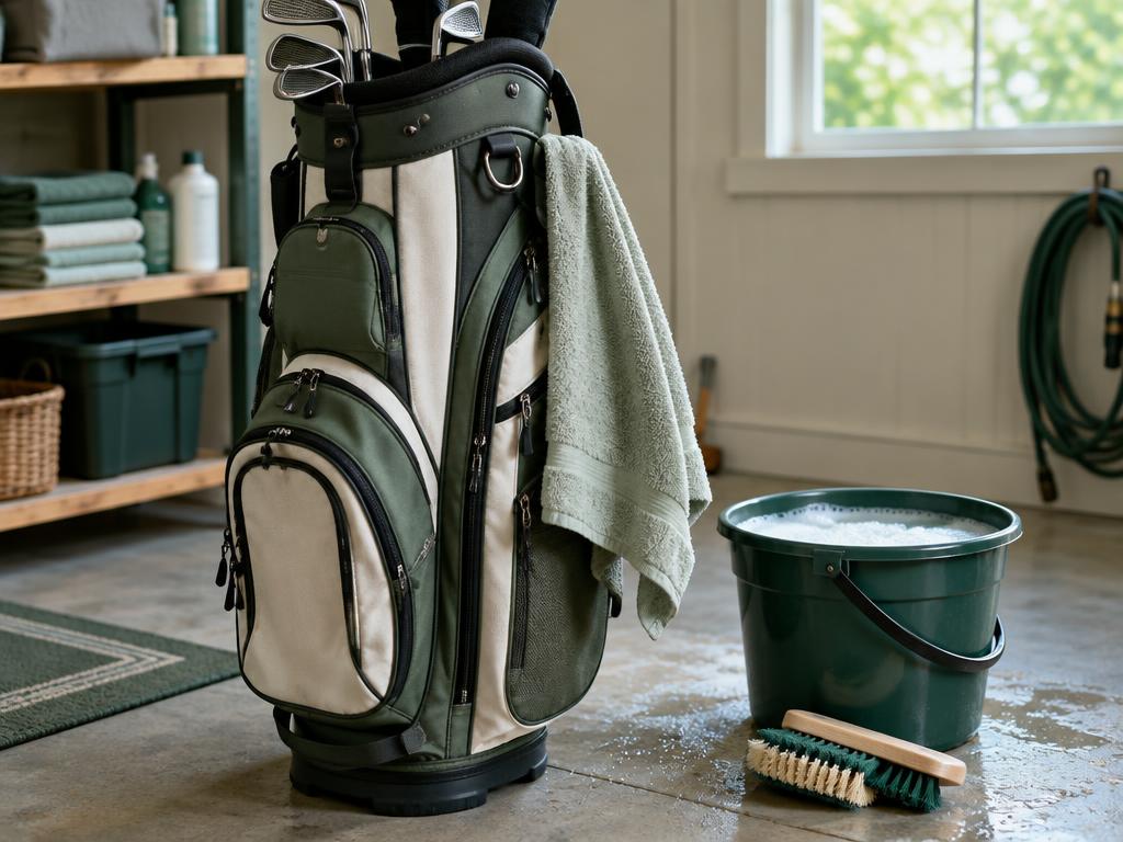 En golfbag i grönt och vitt som står redo att tvättas med borste och hink